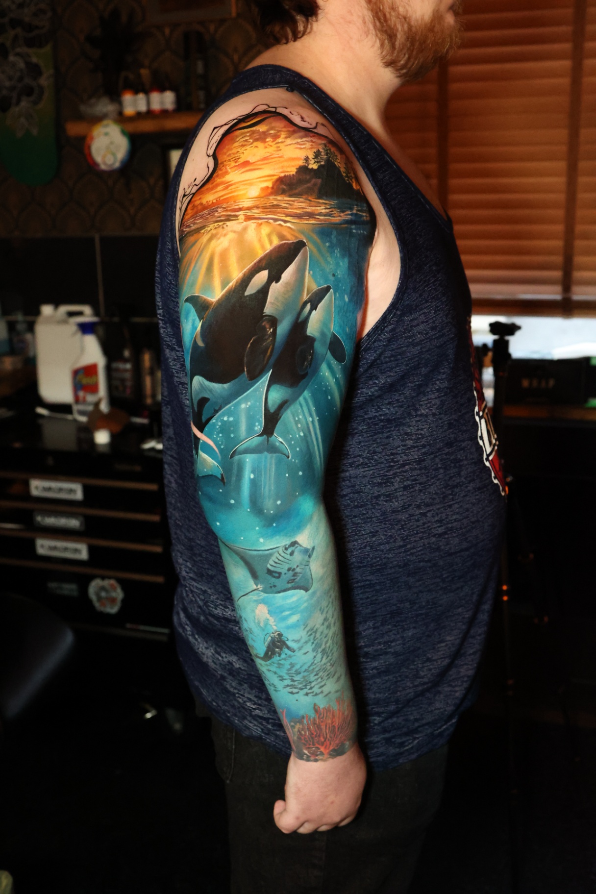 Orcas at Sunset — tattoo by Dean Taylor