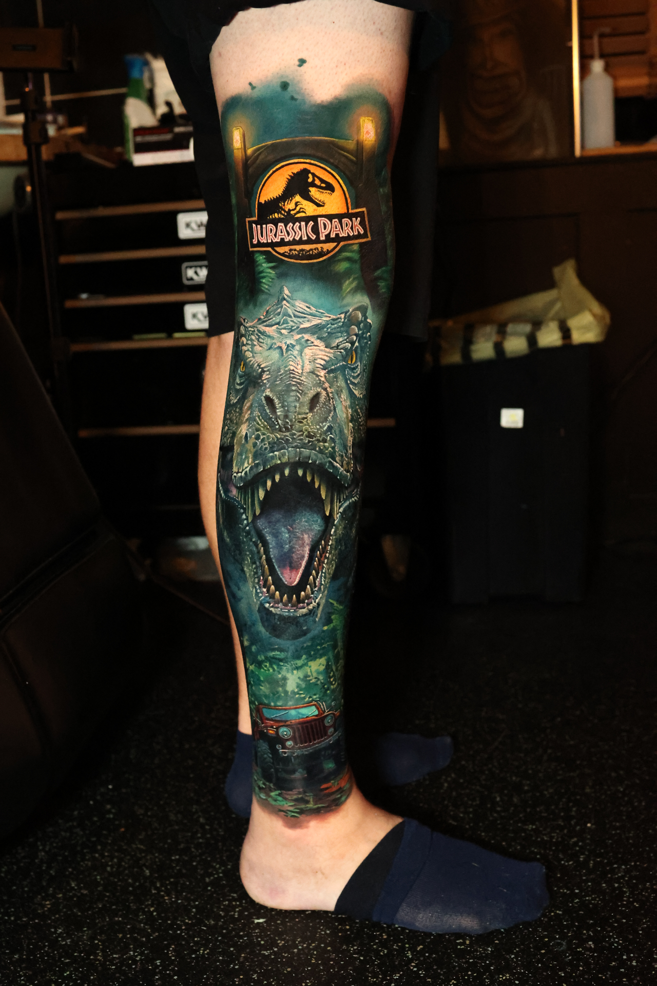 Jurassic Leg — tattoo by Dean Taylor