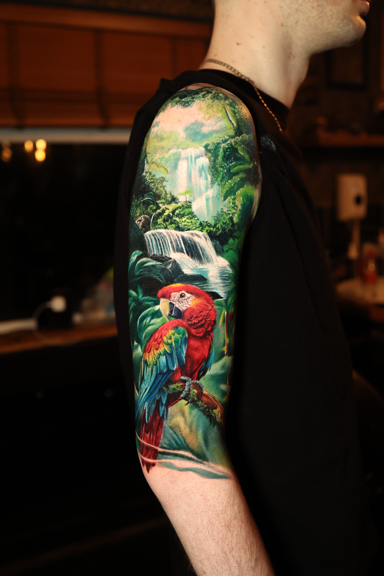 Macaw & Falls — tattoo by Dean Taylor